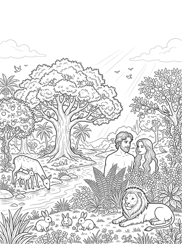 The Garden of Eden Bible coloring page for kids (Genesis 2:4–25)