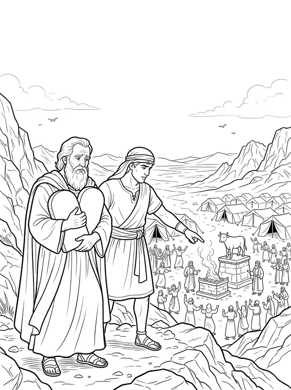The Golden Calf Bible coloring page for kids (Exodus 32:1–34:9)
