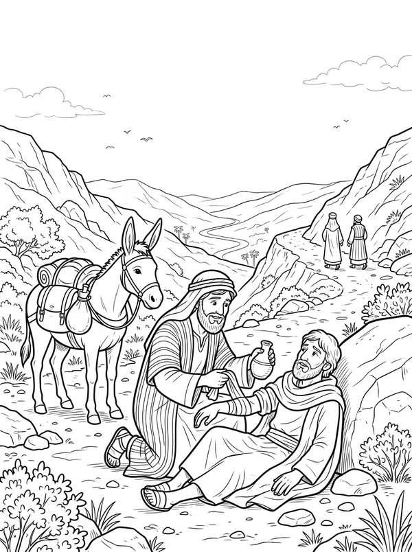 The Good Samaritan Bible coloring page for kids (Luke 10:25–37)