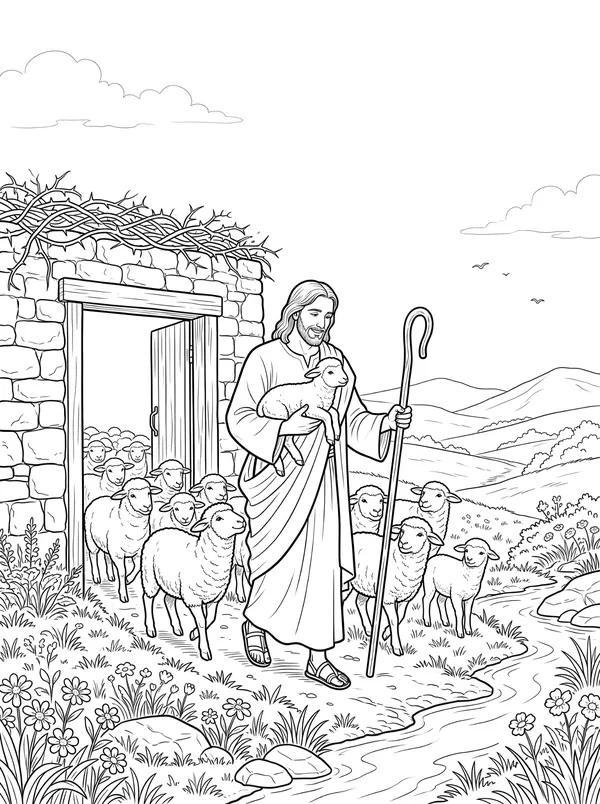 The Good Shepherd Bible coloring page for kids (John 10:1–18)