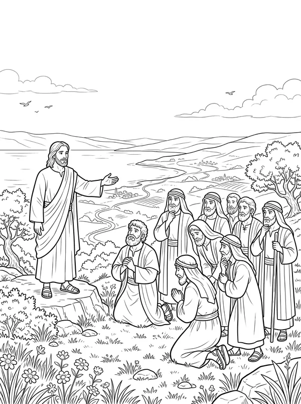 The Great Commission Bible coloring page for kids (Matthew 28:16–20)