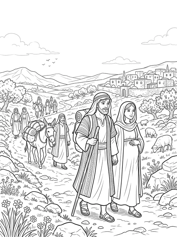 The Journey to Bethlehem Bible coloring page for kids (Luke 2:1–5)