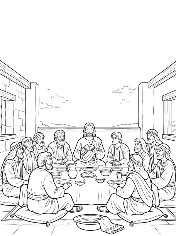 The Last Supper Bible coloring page for kids (John 13:1–17)
