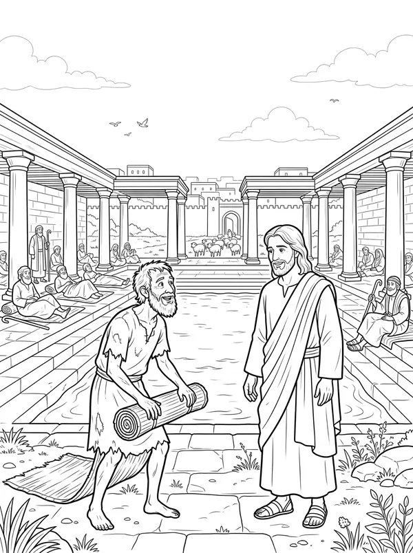 The Pool of Bethesda Bible coloring page for kids (John 5:1–15)