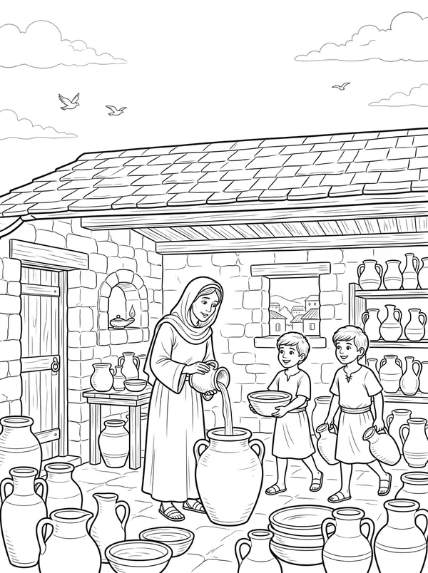 The Pots of Oil Bible coloring page for kids (2 Kings 4:1–7)