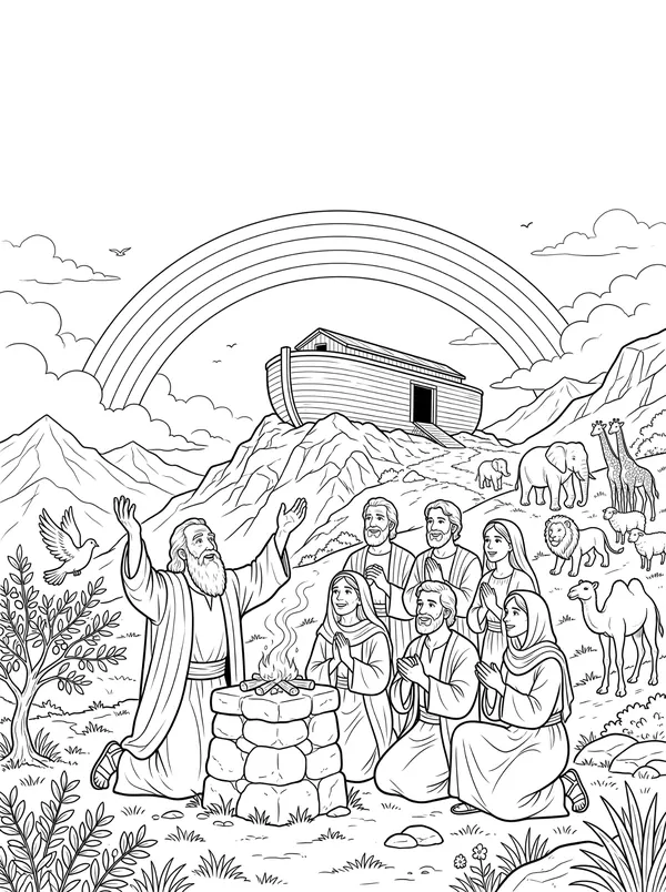 The Rainbow Promise Bible coloring page for kids (Genesis 8:1–9:17)