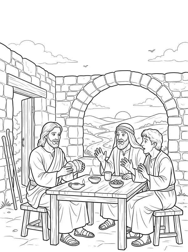 The Road to Emmaus Bible coloring page for kids (Luke 24:13–35)