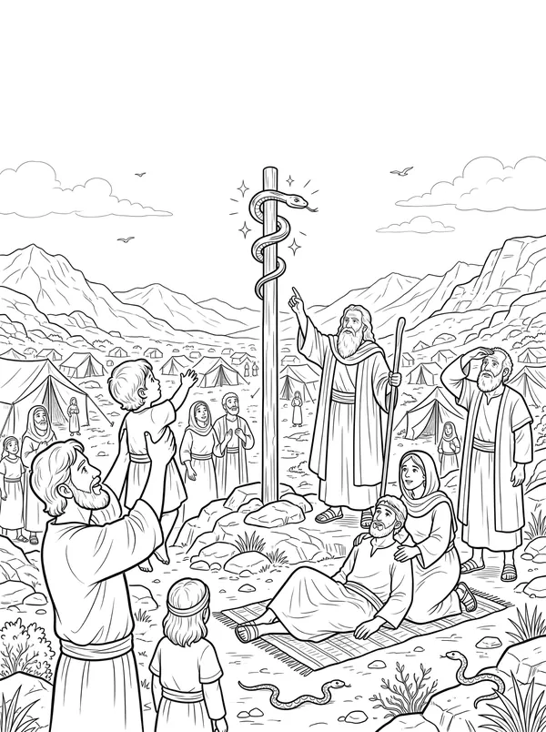 The Serpent of Brass Bible coloring page for kids (Numbers 21:4–9)