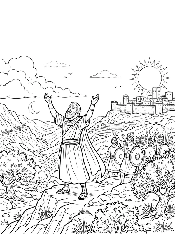 The Sun Stands Still Bible coloring page for kids (Joshua 10:6–14)