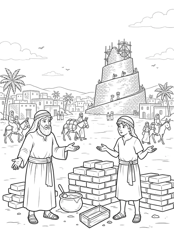 The Tower of Babel Bible coloring page for kids (Genesis 11:1–9)