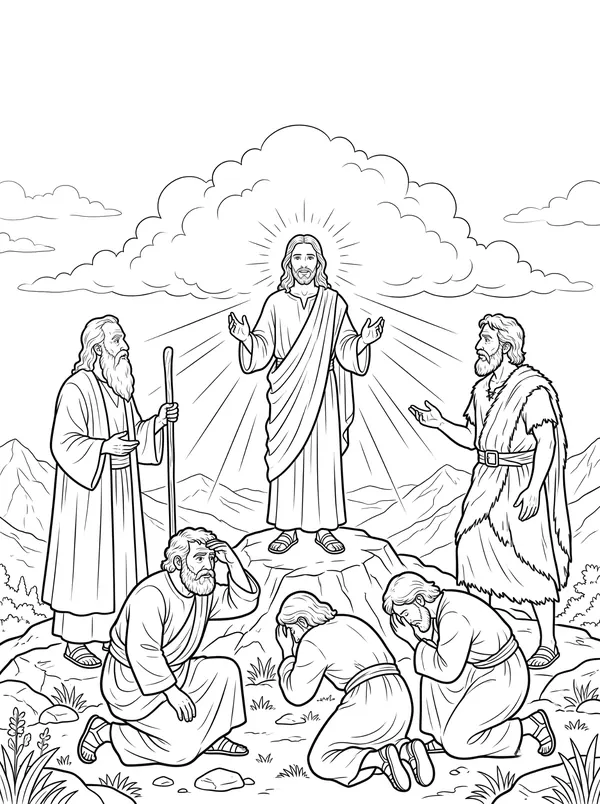 The Transfiguration Bible coloring page for kids (Matthew 17:1–13)