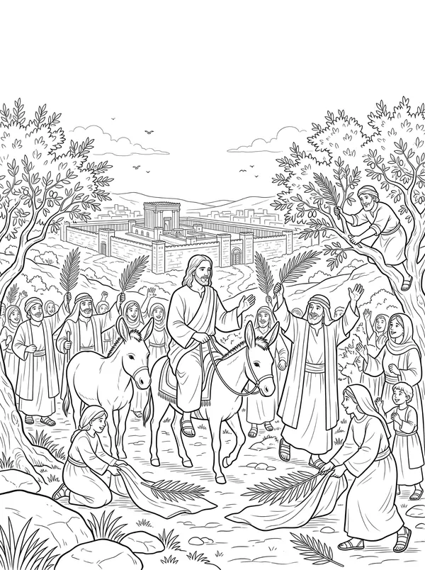 The Triumphal Entry Bible coloring page for kids (Matthew 21:1–11)