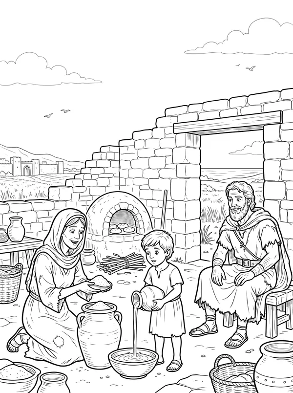 The Widow’s Meal and Oil Bible coloring page for kids (1 Kings 17:8–24)