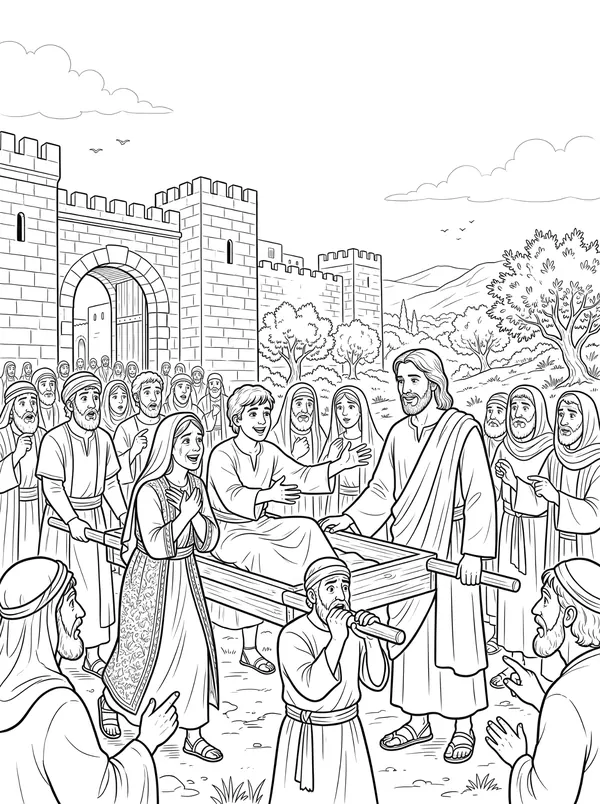 The Widow’s Son at Nain Bible coloring page for kids (Luke 7:11–17)