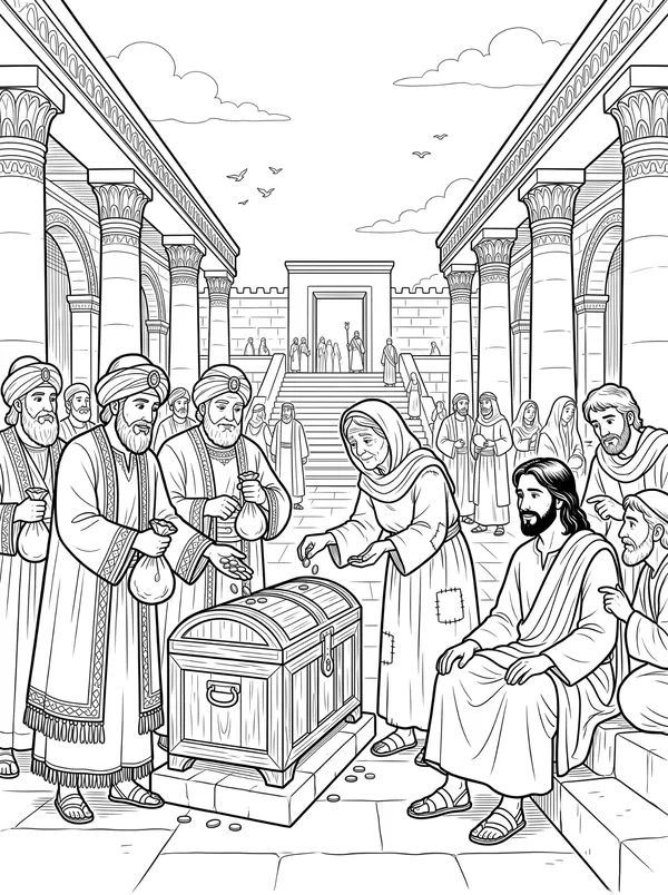 The Widow’s Two Mites Bible coloring page for kids (Mark 12:41–44)