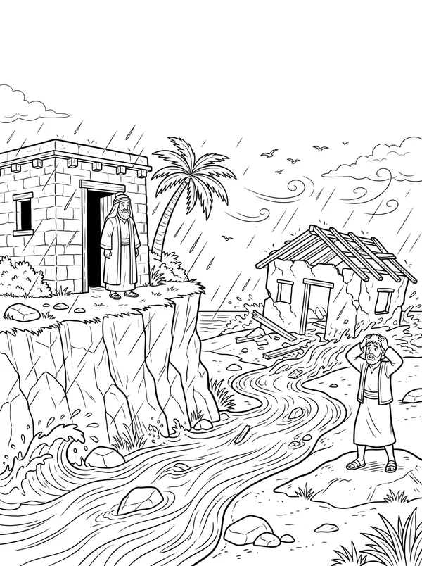 The Wise and Foolish Builders Bible coloring page for kids (Matthew 7:24–29)