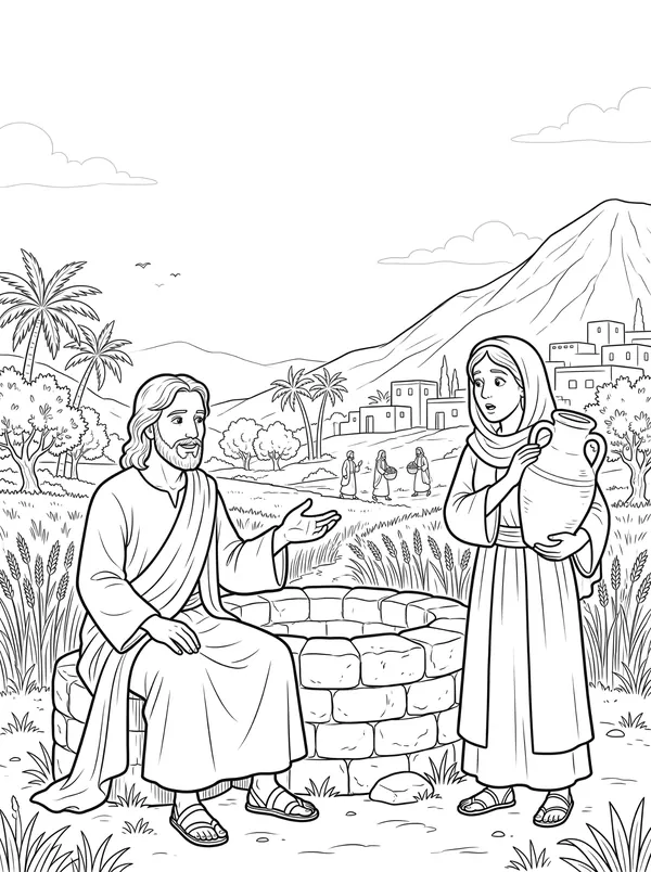 The Woman at the Well Bible coloring page for kids (John 4:1–42)