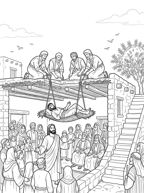Through the Roof Bible coloring page for kids (Mark 2:1–12)