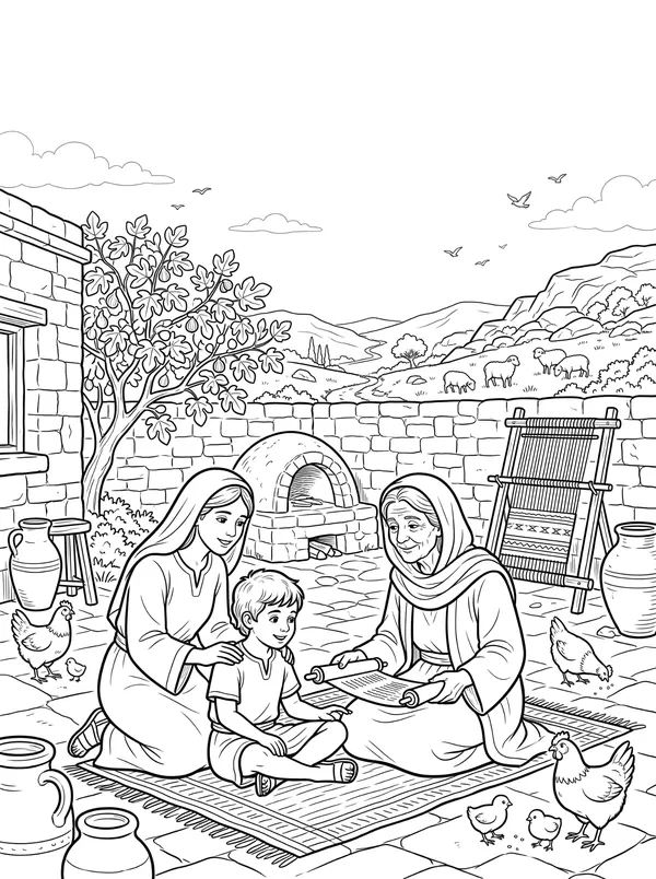 Timothy Learns the Scriptures Bible coloring page for kids (2 Timothy 1:1–5)