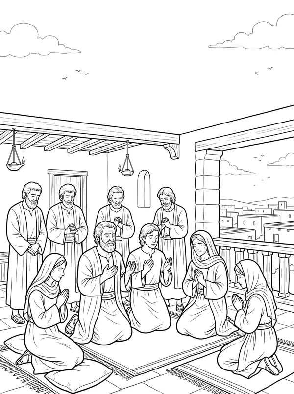 Waiting and Praying Bible coloring page for kids (Acts 1:12–26)