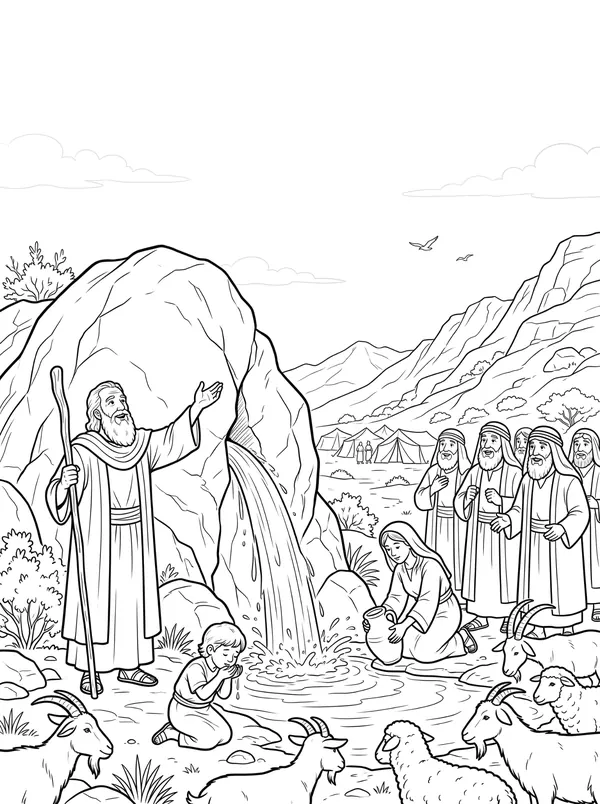 Water from the Rock Bible coloring page for kids (Exodus 17:1–7)