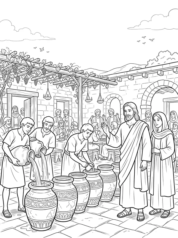 Water into Wine Bible coloring page for kids (John 2:1–11)
