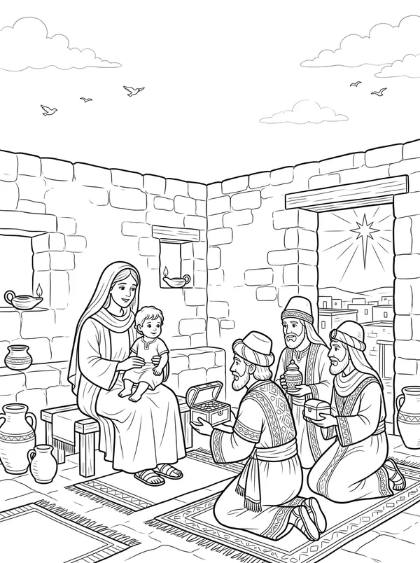 Wise Men Follow the Star Bible coloring page for kids (Matthew 2:1–12)