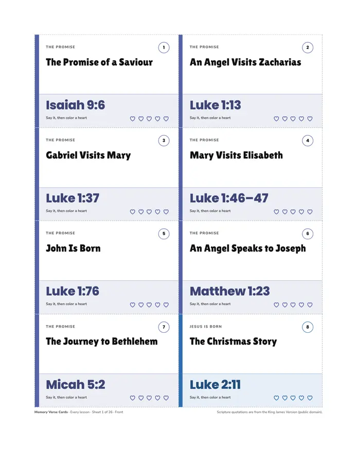 A sheet of eight Memory Verse Cards, each with a lesson title and its verse reference